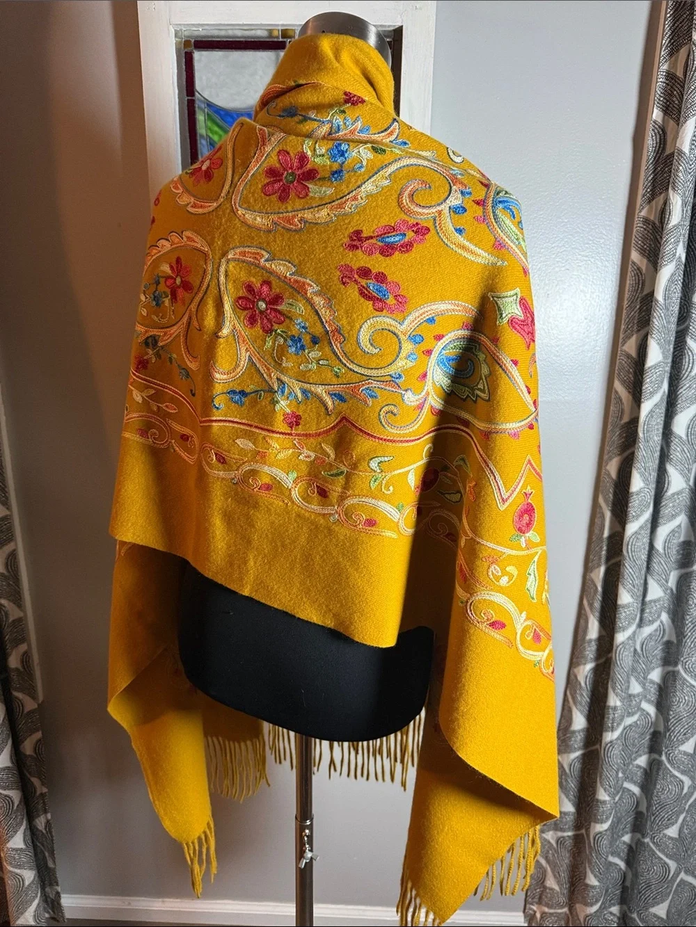 Cashmere Embroidered Shawl Wrap Scarf Mustard Gold Floral Pomegranate⁠